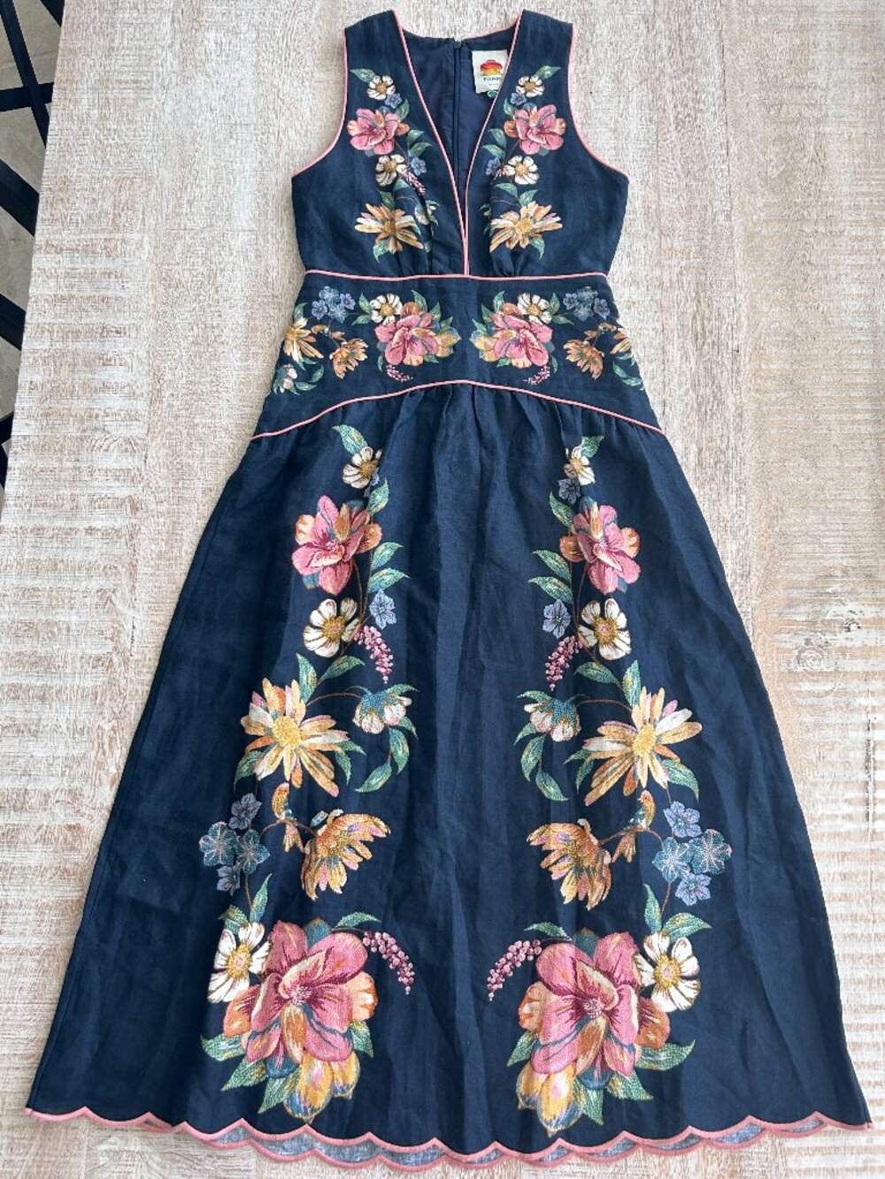 Farm Rio Dark Blue/Navy Maira Floral Linen Midi Dress Sundress Small NWT - Picture 3 of 14